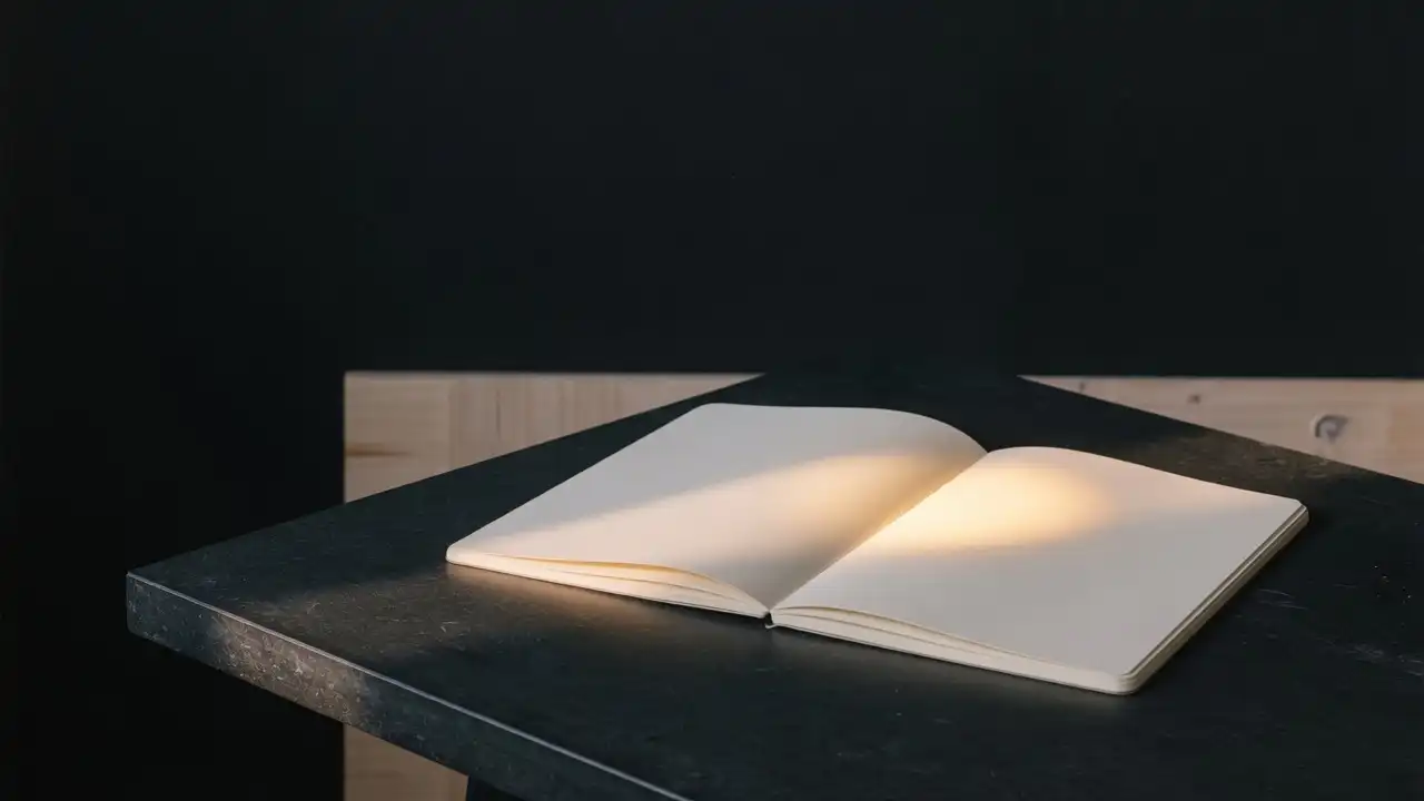 An open blank notebook on a dark slate desk, a pool of low warm light lying across its right-hand page.